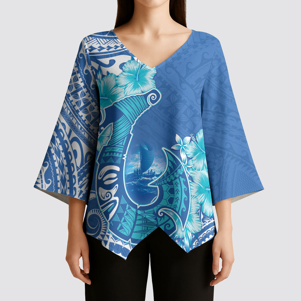 Hawaii Discoverers Day Kimono Sleeve Blouse Polynesian Fish Hook With Hibiscus Blue LT05 - Polynesian Pride