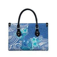 Hawaii Discoverers Day Leather Bag Polynesian Fish Hook With Hibiscus Blue