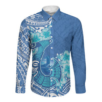 Hawaii Discoverers Day Long Sleeve Button Shirt Polynesian Fish Hook With Hibiscus Blue