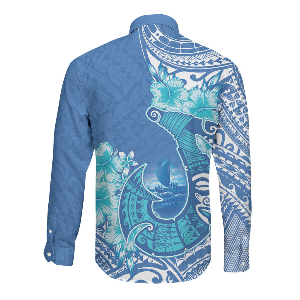 Hawaii Discoverers Day Long Sleeve Button Shirt Polynesian Fish Hook With Hibiscus Blue