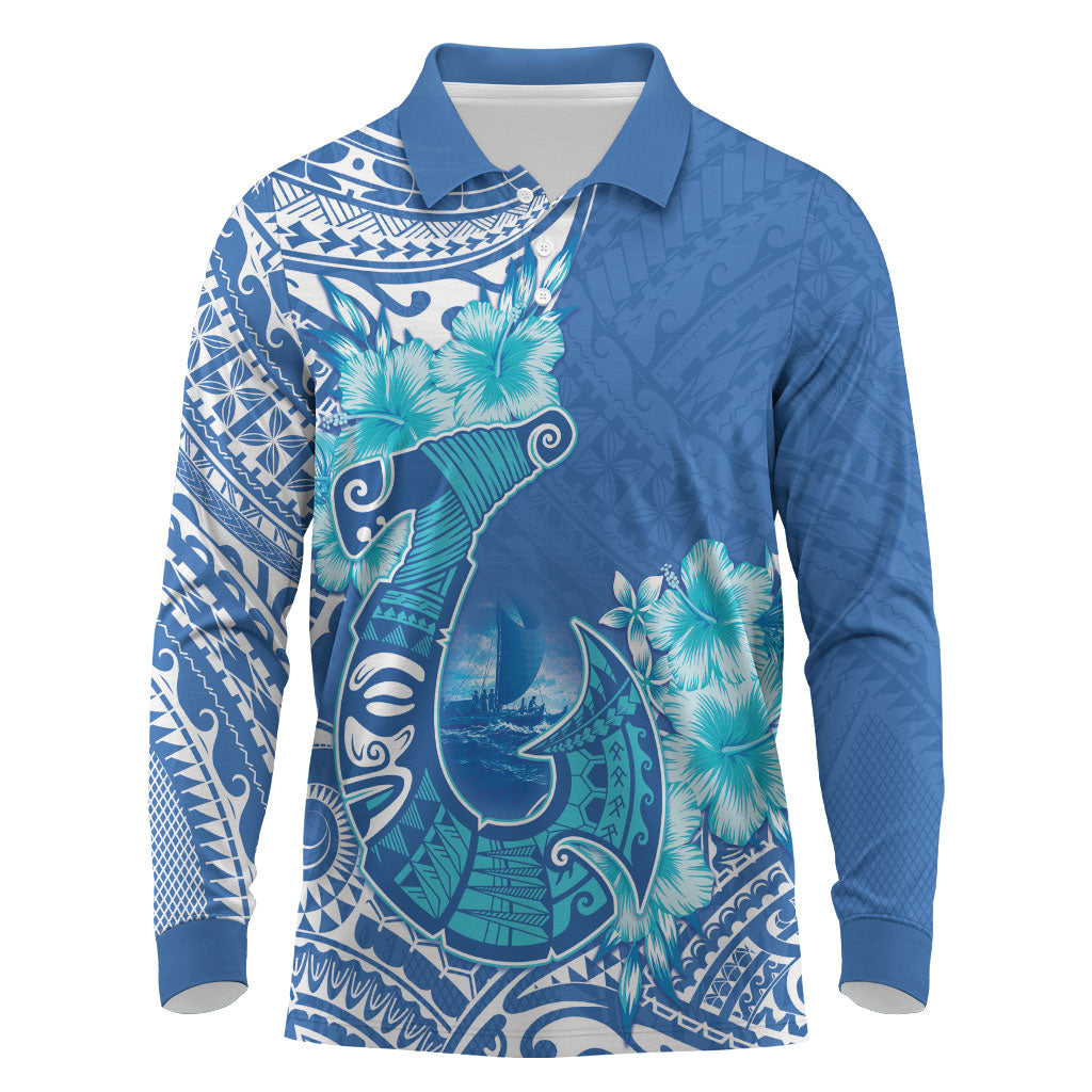 Hawaii Discoverers Day Long Sleeve Polo Shirt Polynesian Fish Hook With Hibiscus Blue LT05 Blue - Polynesian Pride