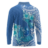 Hawaii Discoverers Day Long Sleeve Polo Shirt Polynesian Fish Hook With Hibiscus Blue LT05 - Polynesian Pride