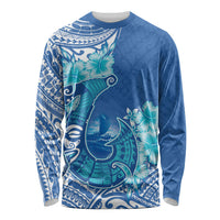 Hawaii Discoverers Day Long Sleeve Shirt Polynesian Fish Hook With Hibiscus Blue LT05 Unisex Blue - Polynesian Pride