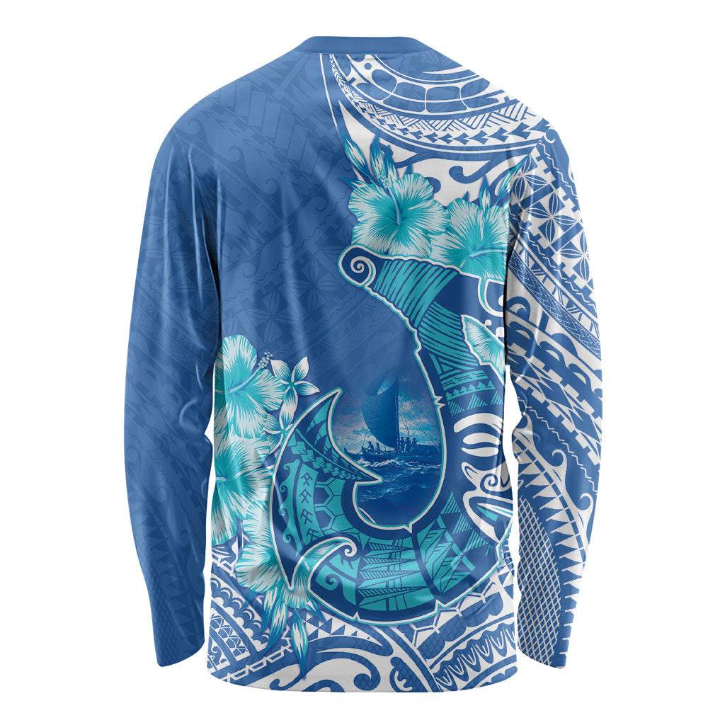 Hawaii Discoverers Day Long Sleeve Shirt Polynesian Fish Hook With Hibiscus Blue LT05 - Polynesian Pride