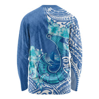 Hawaii Discoverers Day Long Sleeve Shirt Polynesian Fish Hook With Hibiscus Blue LT05 - Polynesian Pride
