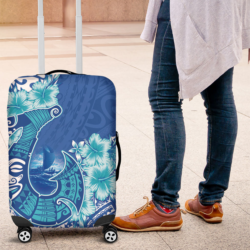 Hawaii Discoverers Day Luggage Cover Polynesian Fish Hook With Hibiscus Blue