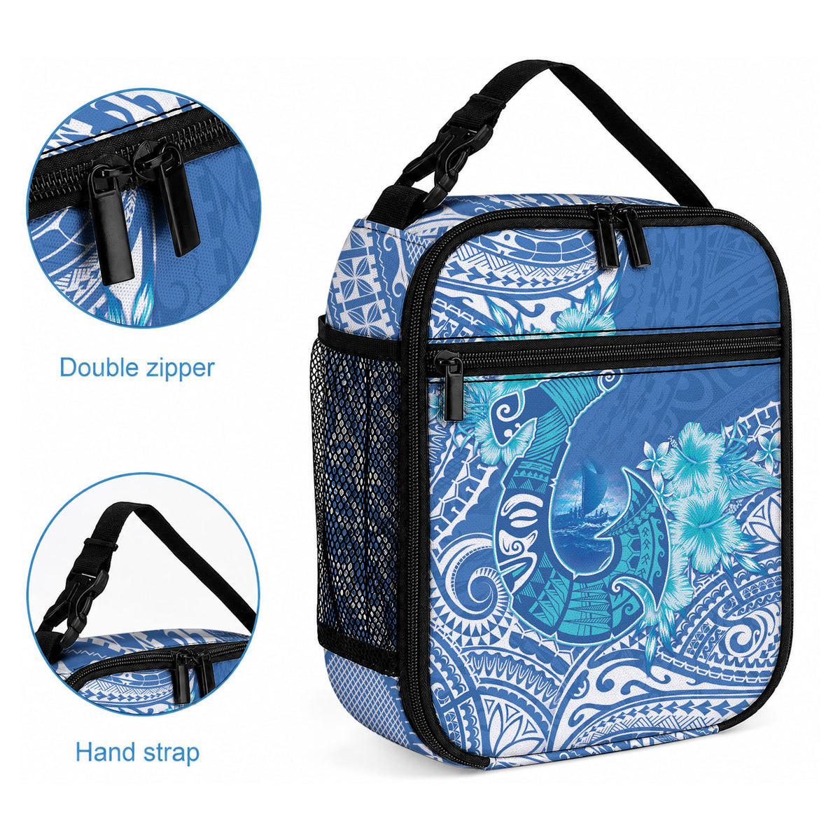 Hawaii Discoverers Day Lunch Bag Polynesian Fish Hook With Hibiscus Blue