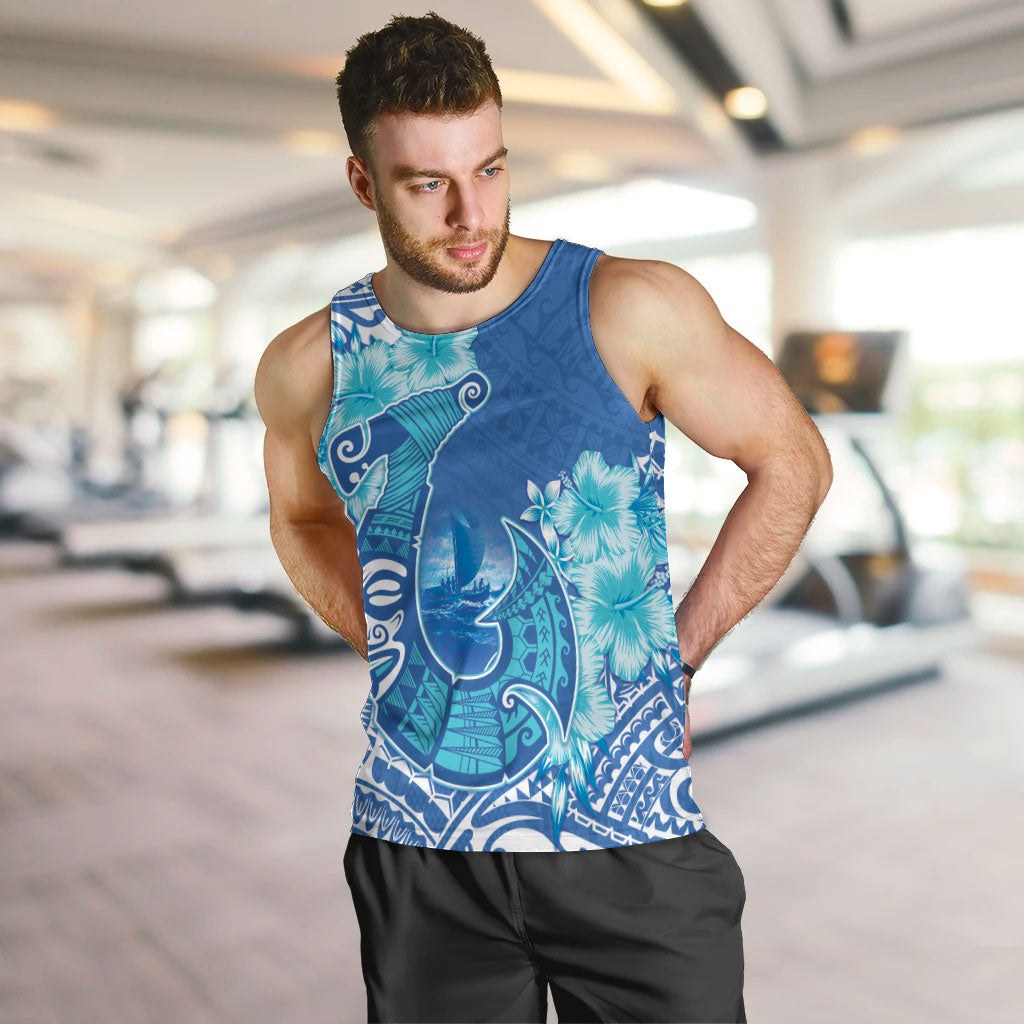 Hawaii Discoverers Day Men Tank Top Polynesian Fish Hook With Hibiscus Blue