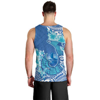 Hawaii Discoverers Day Men Tank Top Polynesian Fish Hook With Hibiscus Blue