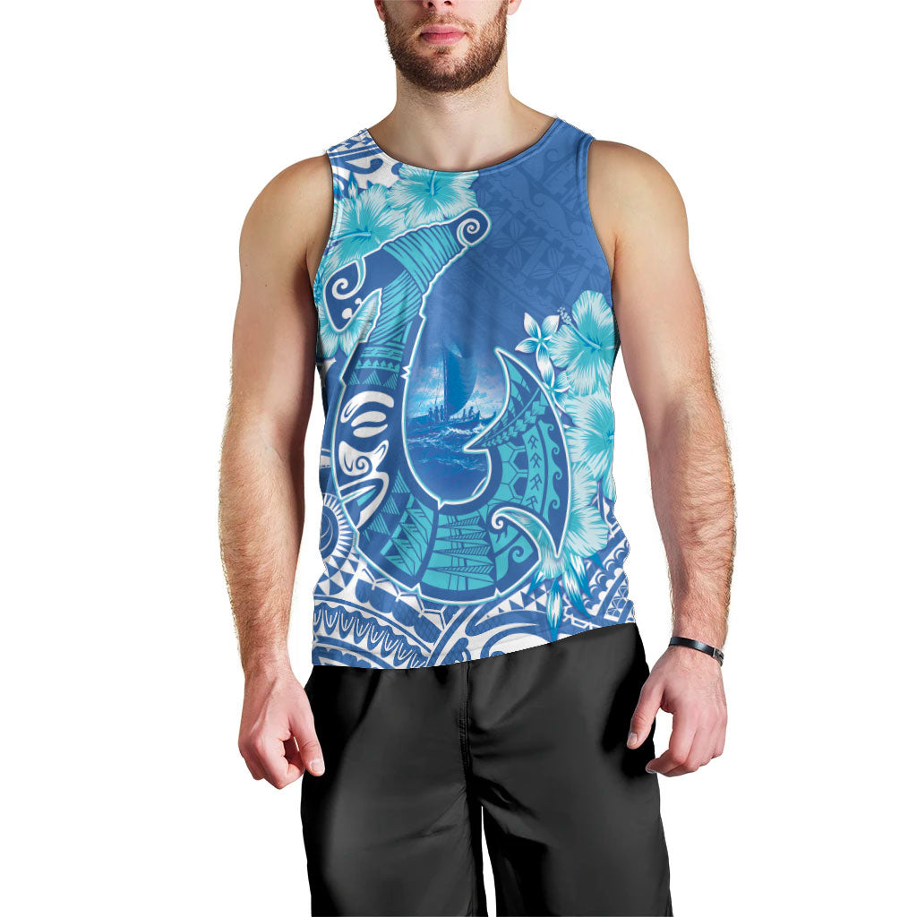 Hawaii Discoverers Day Men Tank Top Polynesian Fish Hook With Hibiscus Blue