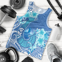 Hawaii Discoverers Day Men Tank Top Polynesian Fish Hook With Hibiscus Blue