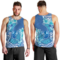 Hawaii Discoverers Day Men Tank Top Polynesian Fish Hook With Hibiscus Blue