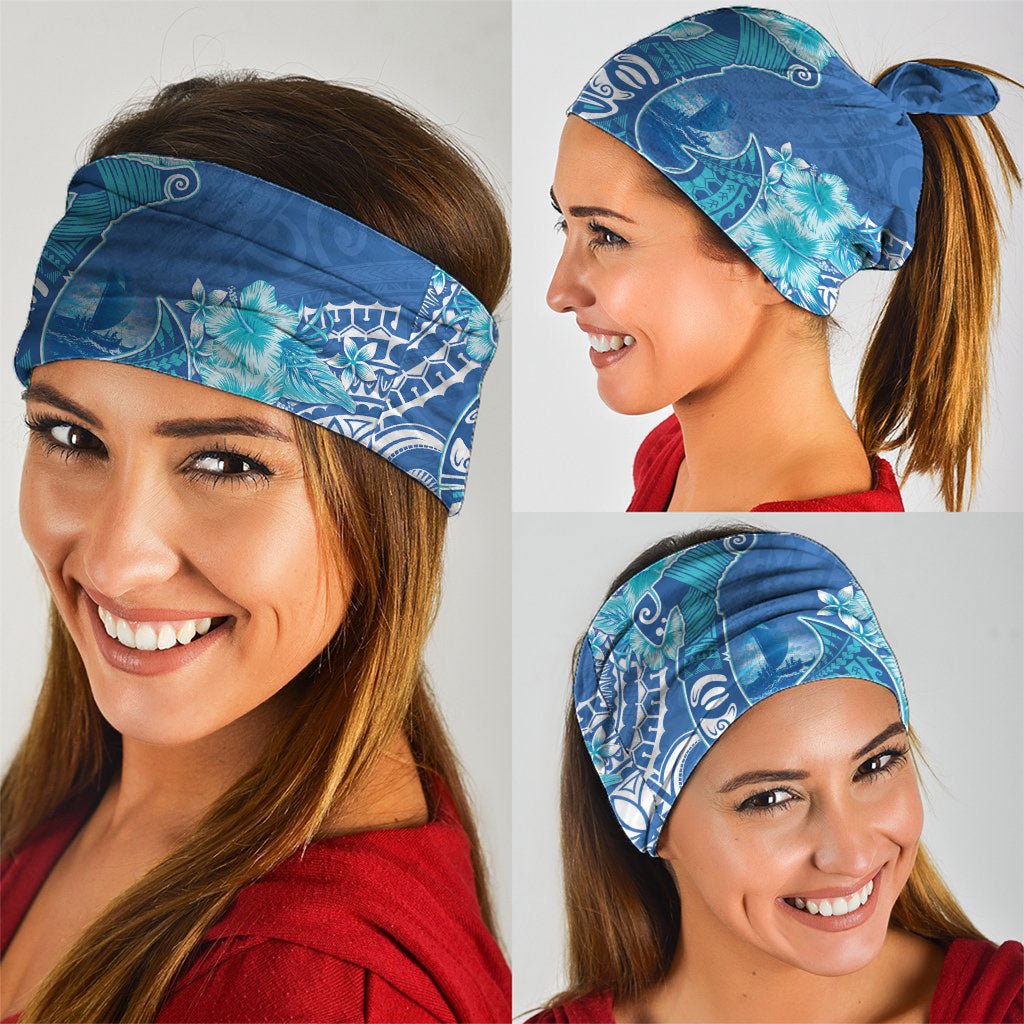 Hawaii Discoverers Day Neck Gaiter Polynesian Fish Hook With Hibiscus Blue