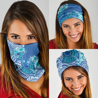 Hawaii Discoverers Day Neck Gaiter Polynesian Fish Hook With Hibiscus Blue