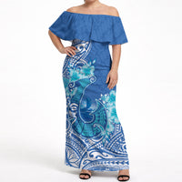 Hawaii Discoverers Day Off Shoulder Maxi Dress Polynesian Fish Hook With Hibiscus Blue