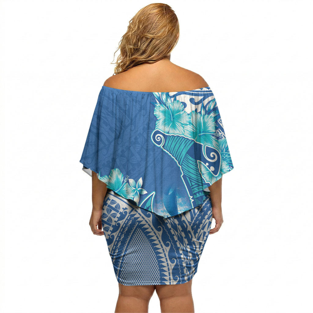 Hawaii Discoverers Day Off Shoulder Short Dress Polynesian Fish Hook With Hibiscus Blue LT05 - Polynesian Pride