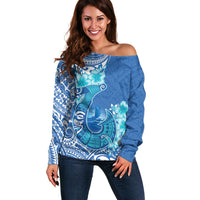 Hawaii Discoverers Day Off Shoulder Sweater Polynesian Fish Hook With Hibiscus Blue
