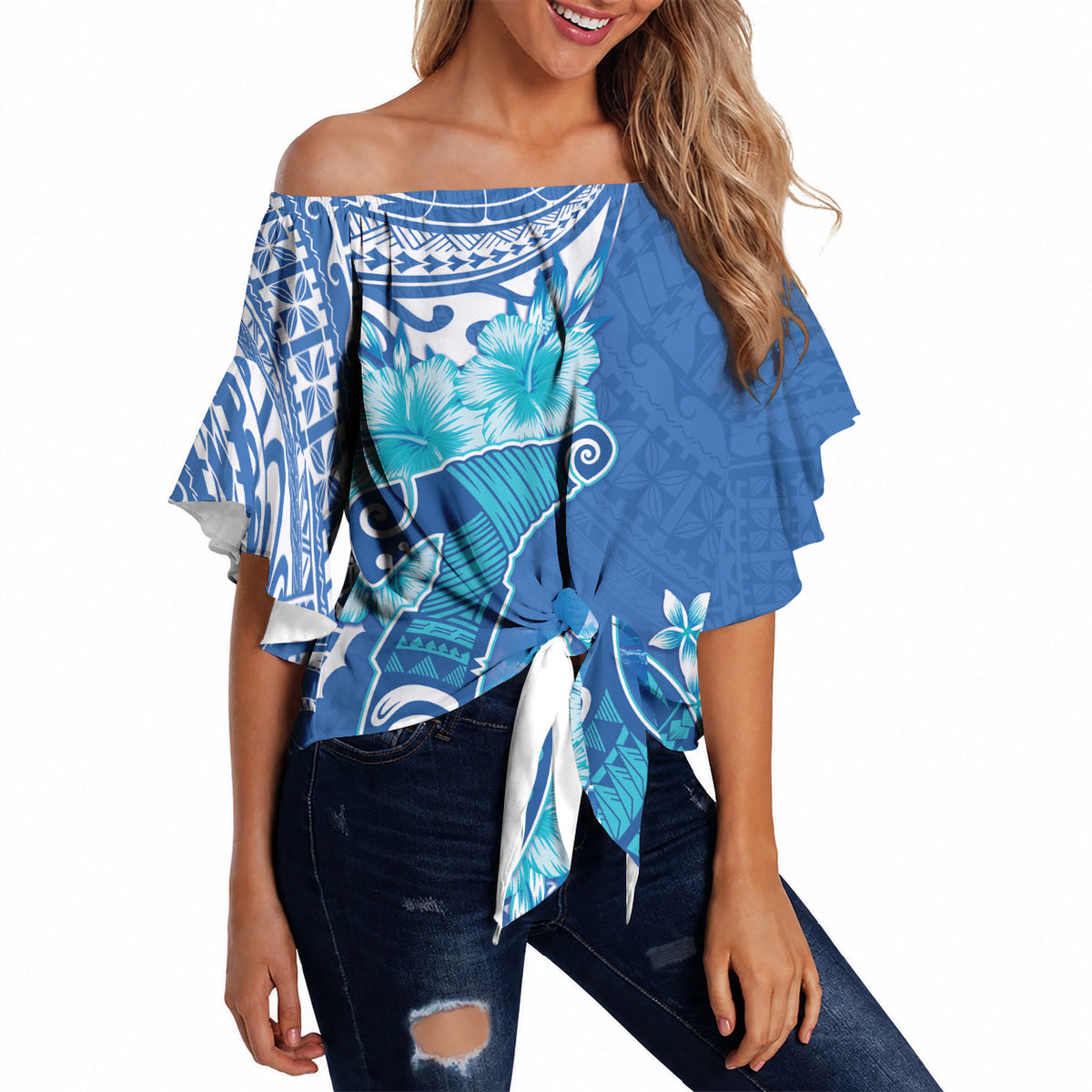 Hawaii Discoverers Day Off Shoulder Wrap Waist Top Polynesian Fish Hook With Hibiscus Blue