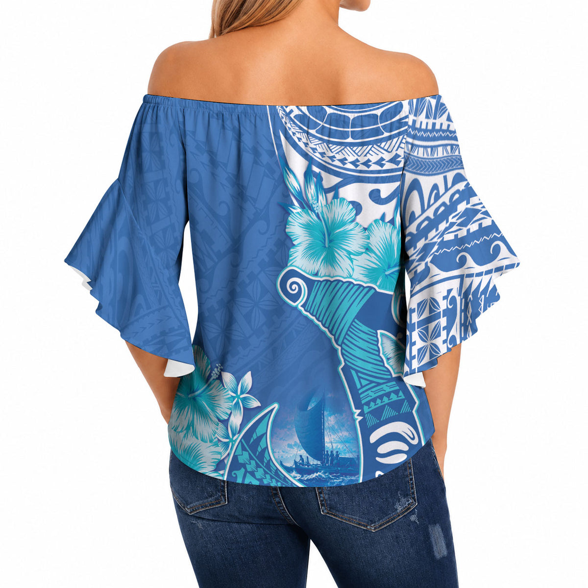 Hawaii Discoverers Day Off Shoulder Wrap Waist Top Polynesian Fish Hook With Hibiscus Blue