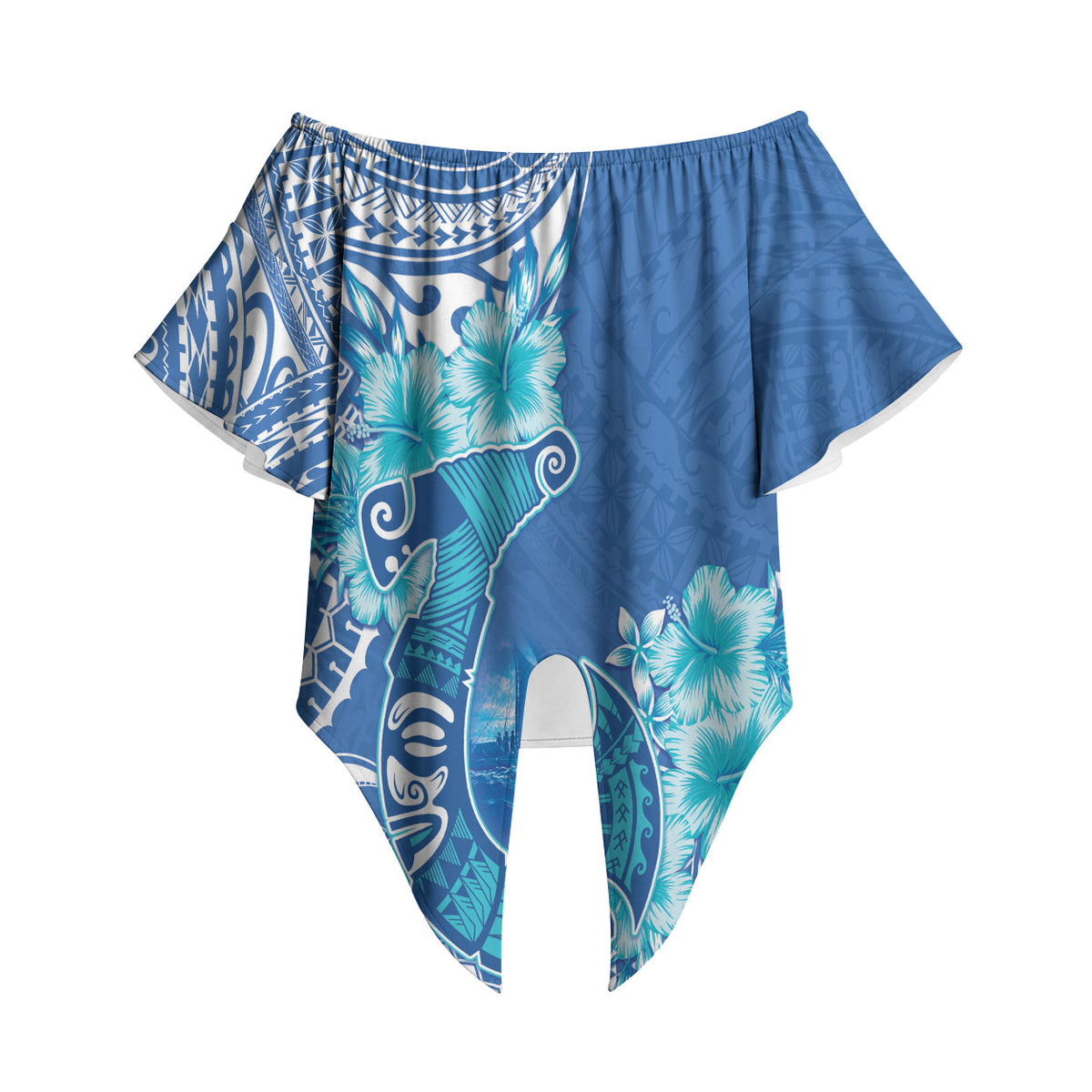 Hawaii Discoverers Day Off Shoulder Wrap Waist Top Polynesian Fish Hook With Hibiscus Blue