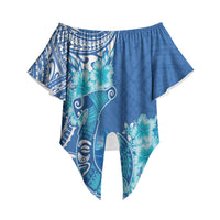 Hawaii Discoverers Day Off Shoulder Wrap Waist Top Polynesian Fish Hook With Hibiscus Blue