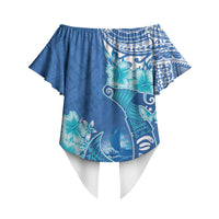 Hawaii Discoverers Day Off Shoulder Wrap Waist Top Polynesian Fish Hook With Hibiscus Blue