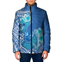 Hawaii Discoverers Day Padded Jacket Polynesian Fish Hook With Hibiscus Blue