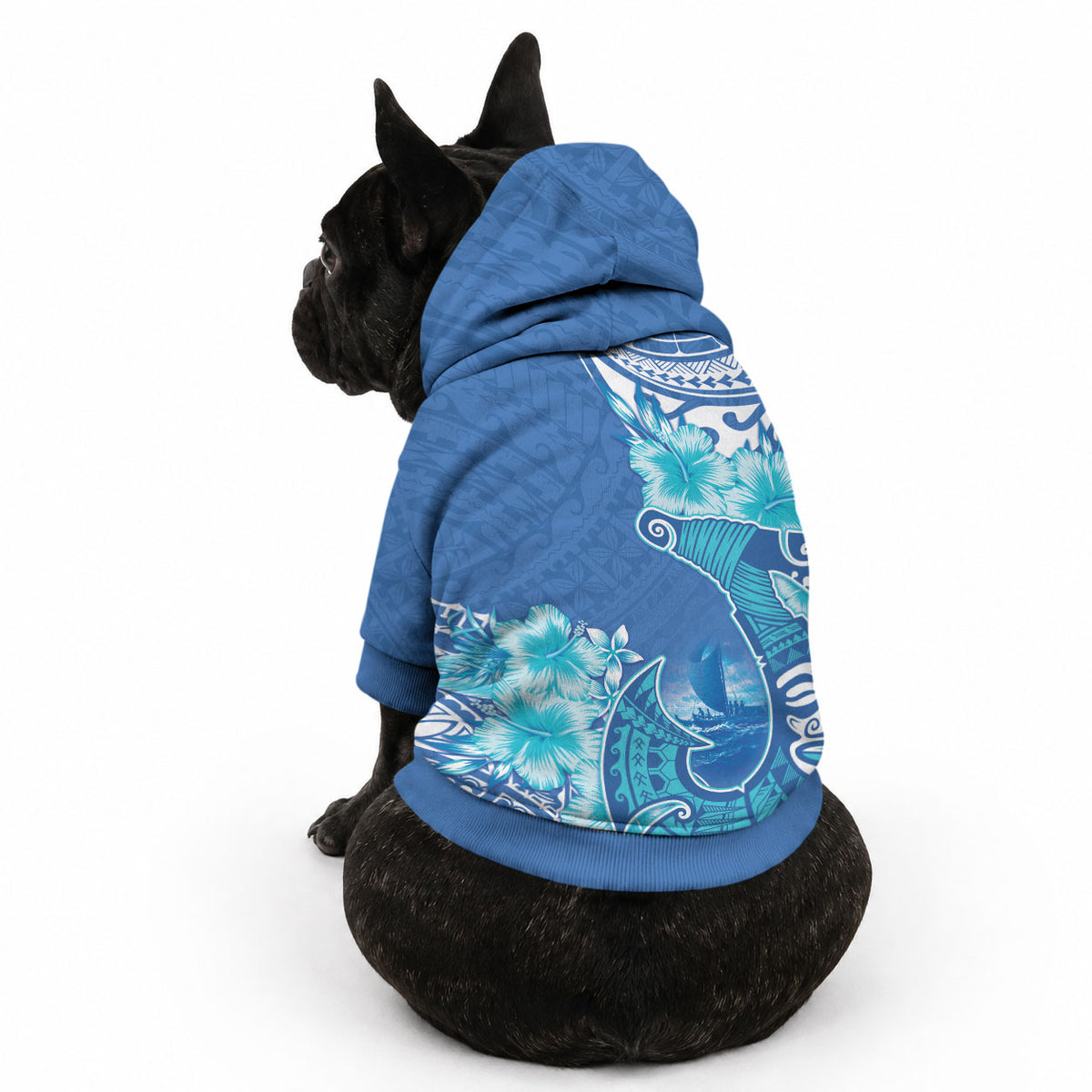 Hawaii Discoverers Day Pet Hoodie Polynesian Fish Hook With Hibiscus Blue LT05 - Polynesian Pride