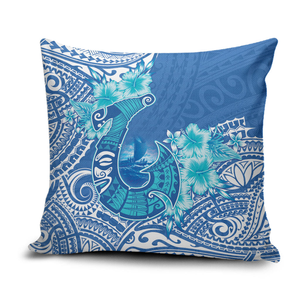 Hawaii Discoverers Day Pillow Cover Polynesian Fish Hook With Hibiscus Blue