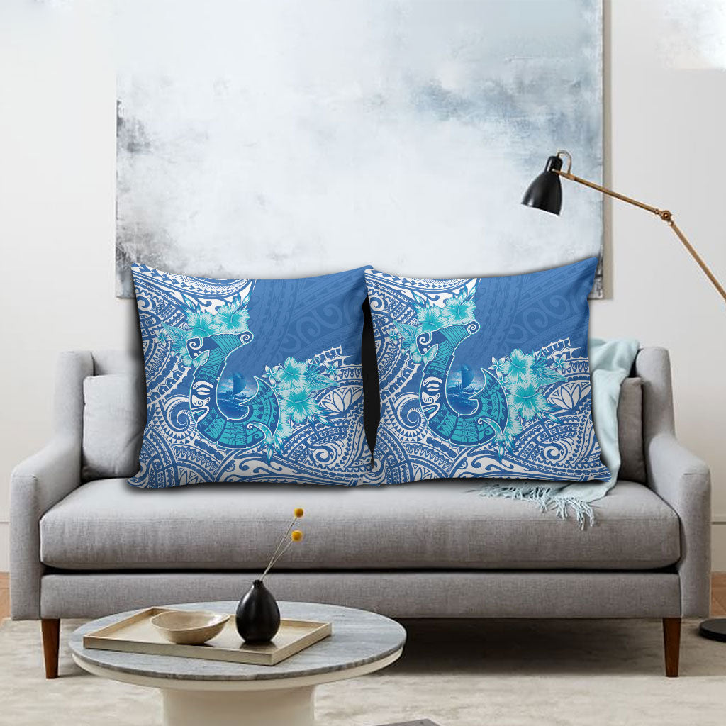 Hawaii Discoverers Day Pillow Cover Polynesian Fish Hook With Hibiscus Blue
