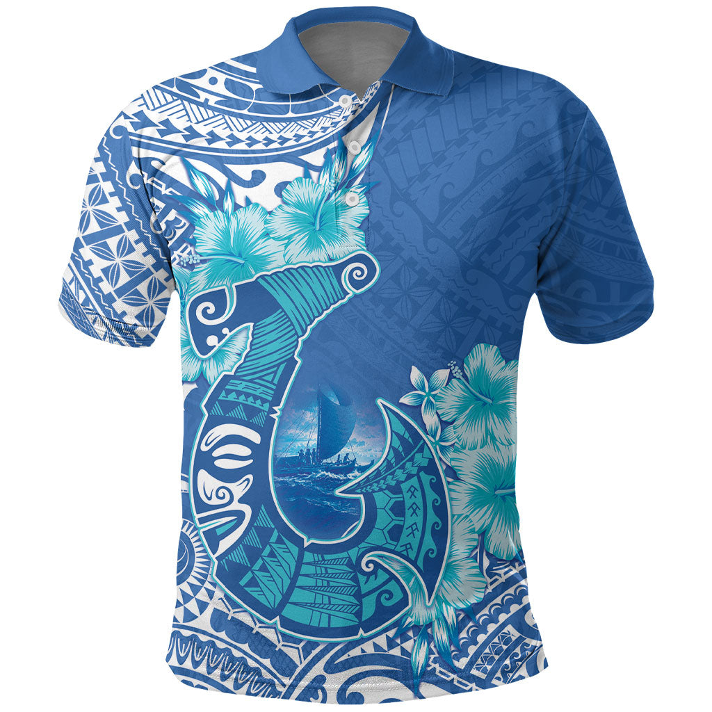 Hawaii Discoverers Day Polo Shirt Polynesian Fish Hook With Hibiscus Blue