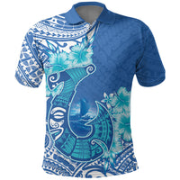 Hawaii Discoverers Day Polo Shirt Polynesian Fish Hook With Hibiscus Blue LT05 Blue - Polynesian Pride