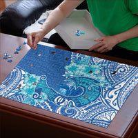 Hawaii Discoverers Day Puzzle Polynesian Fish Hook With Hibiscus Blue