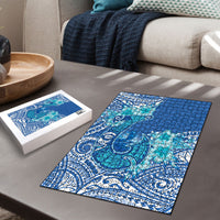 Hawaii Discoverers Day Puzzle Polynesian Fish Hook With Hibiscus Blue