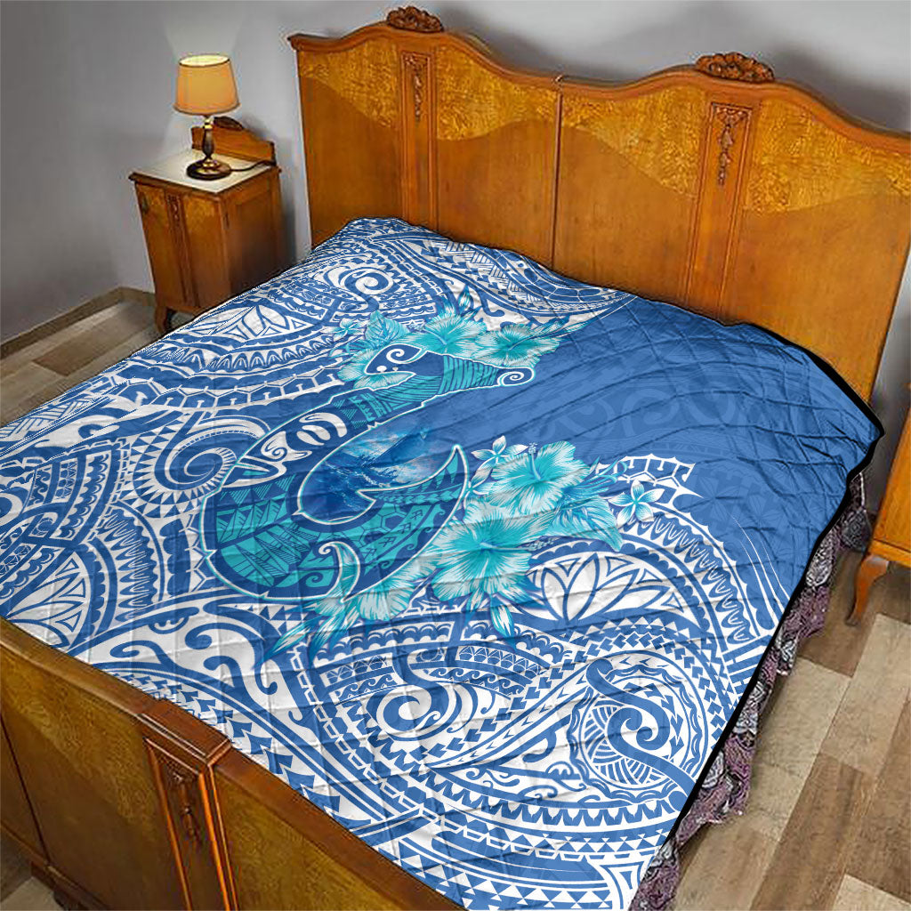 Hawaii Discoverers Day Quilt Polynesian Fish Hook With Hibiscus Blue