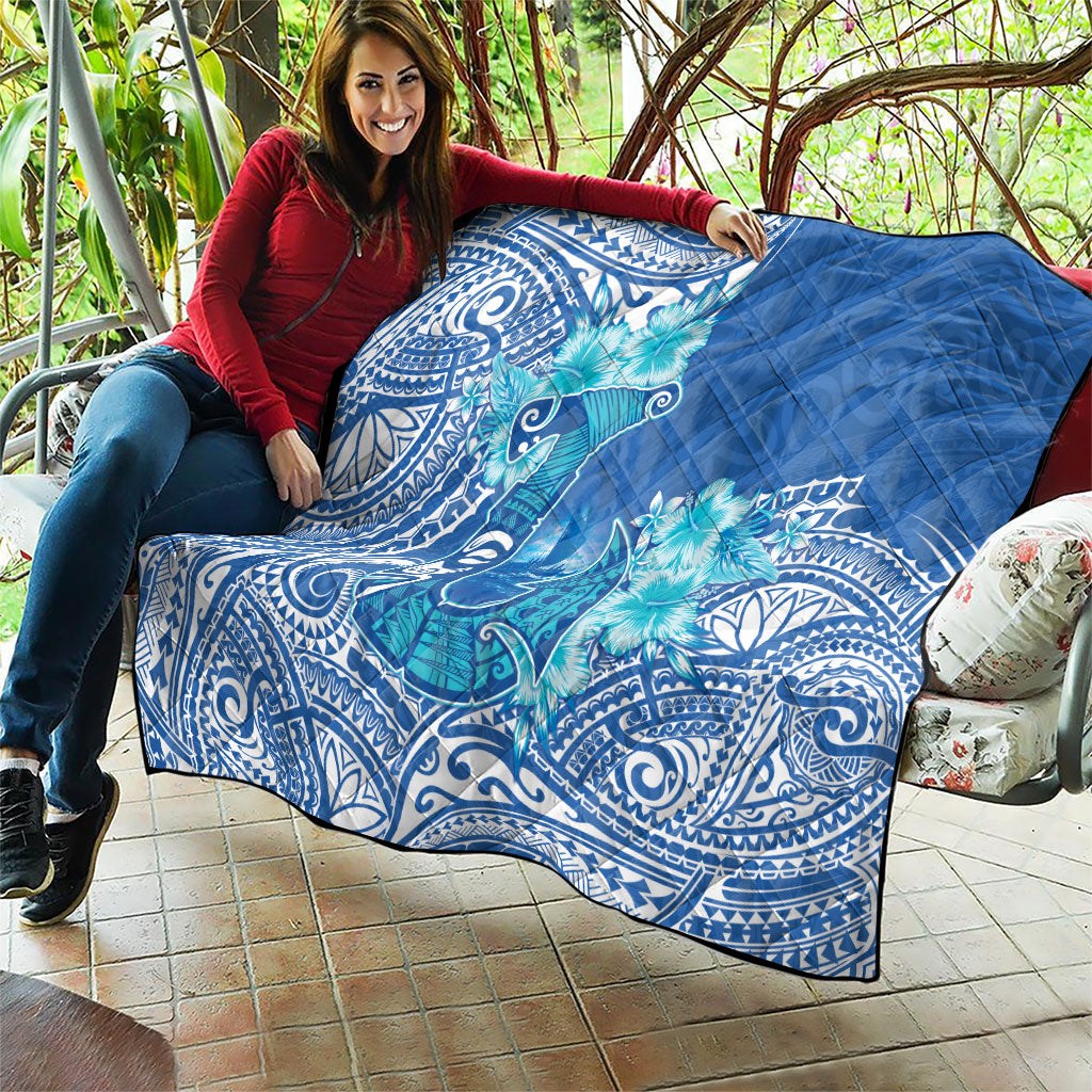 Hawaii Discoverers Day Quilt Polynesian Fish Hook With Hibiscus Blue