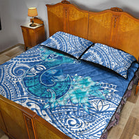 Hawaii Discoverers Day Quilt Bed Set Polynesian Fish Hook With Hibiscus Blue