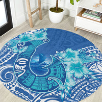 Hawaii Discoverers Day Round Carpet Polynesian Fish Hook With Hibiscus Blue