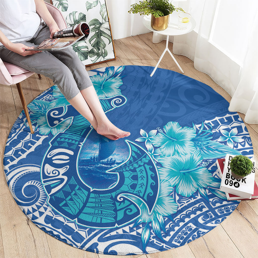 Hawaii Discoverers Day Round Carpet Polynesian Fish Hook With Hibiscus Blue