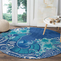 Hawaii Discoverers Day Round Carpet Polynesian Fish Hook With Hibiscus Blue