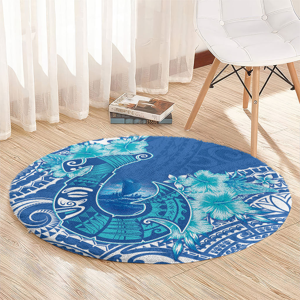 Hawaii Discoverers Day Round Carpet Polynesian Fish Hook With Hibiscus Blue