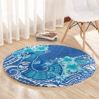 Hawaii Discoverers Day Round Carpet Polynesian Fish Hook With Hibiscus Blue