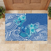 Hawaii Discoverers Day Rubber Doormat Polynesian Fish Hook With Hibiscus Blue