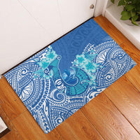 Hawaii Discoverers Day Rubber Doormat Polynesian Fish Hook With Hibiscus Blue