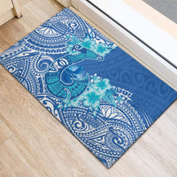 Hawaii Discoverers Day Rubber Doormat Polynesian Fish Hook With Hibiscus Blue