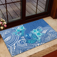 Hawaii Discoverers Day Rubber Doormat Polynesian Fish Hook With Hibiscus Blue