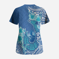 Hawaii Discoverers Day Scrub Top Polynesian Fish Hook With Hibiscus Blue
