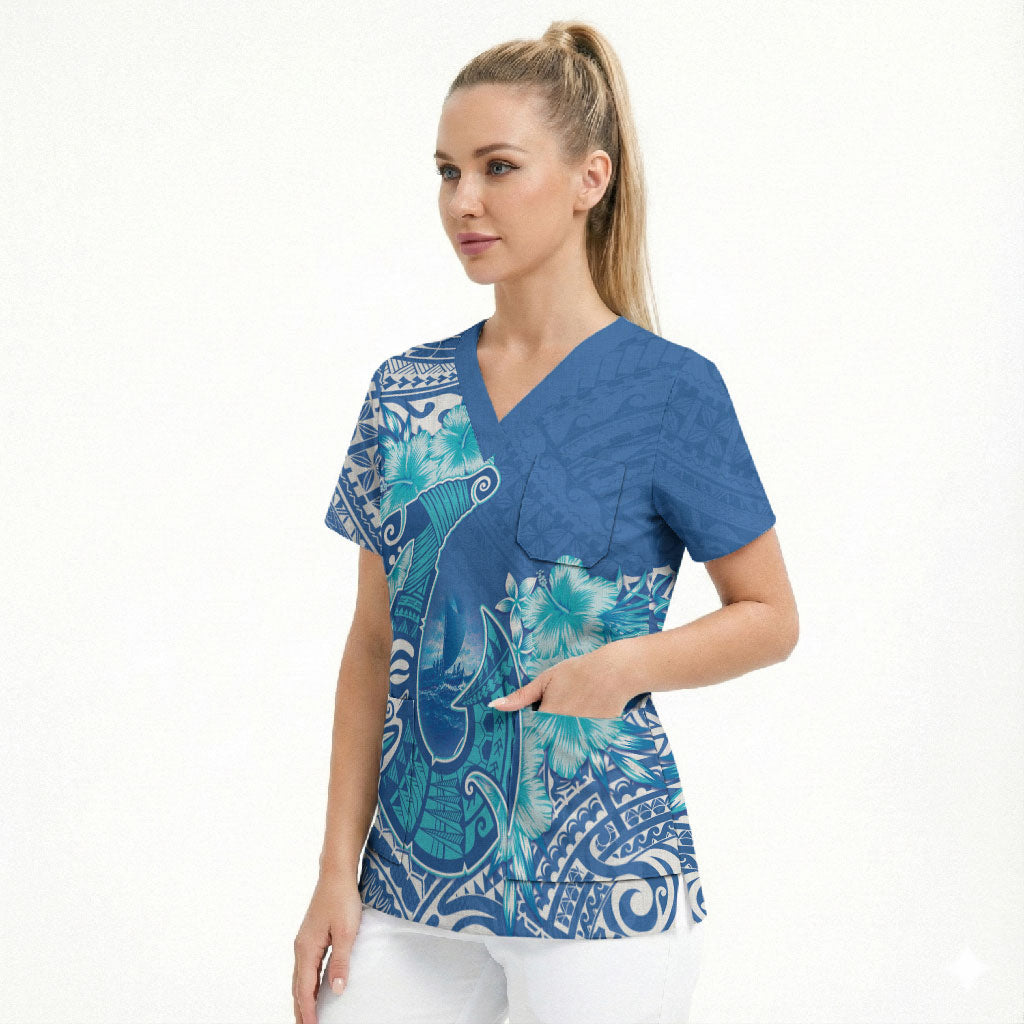 Hawaii Discoverers Day Scrub Top Polynesian Fish Hook With Hibiscus Blue