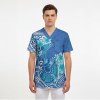 Hawaii Discoverers Day Scrub Top Polynesian Fish Hook With Hibiscus Blue