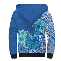 Hawaii Discoverers Day Sherpa Hoodie Polynesian Fish Hook With Hibiscus Blue